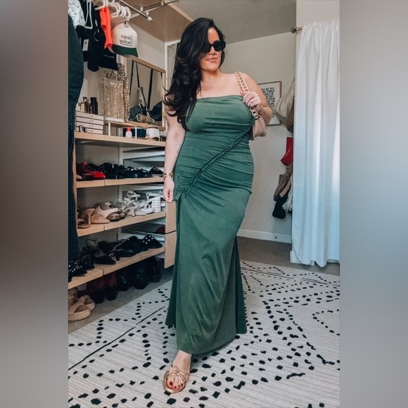 Anthropologie maxi dress The Gabbie Strapless Ruched Tube midi Celandine teal - Picture 3 of 13